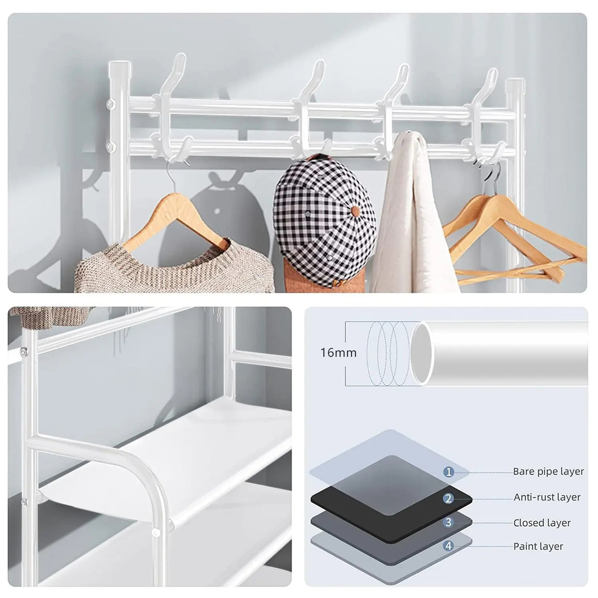5-Tier Metal Hallway Shoe & Coat Rack, 80cm Widen Freestanding Storage Stand with 8 Hooks, Entryway Organizer Shelf for Shoes, Bags & Garments