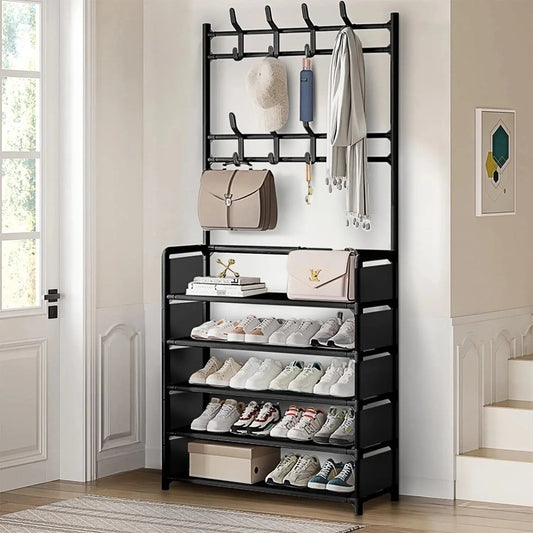 5-Tier Metal Hallway Shoe & Coat Rack, 80cm Widen Freestanding Storage Stand with 8 Hooks, Entryway Organizer Shelf for Shoes, Bags & Garments