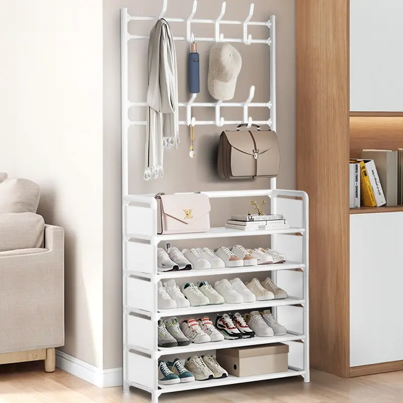 5-Tier Metal Hallway Shoe & Coat Rack, 80cm Widen Freestanding Storage Stand with 8 Hooks, Entryway Organizer Shelf for Shoes, Bags & Garments
