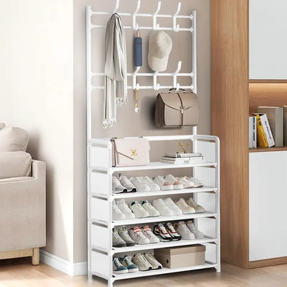 5-Tier Metal Hallway Shoe & Coat Rack, 80cm Widen Freestanding Storage Stand with 8 Hooks, Entryway Organizer Shelf for Shoes, Bags & Garments