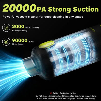 Cordless Portable Car Vacuum, 20000Pa 2-in-1 Handheld Vacuum & Air Duster, 100W Brushless Motor with 6000mAh Battery, Multi Nozzles for Car, Home, Office & Pet Cleaning