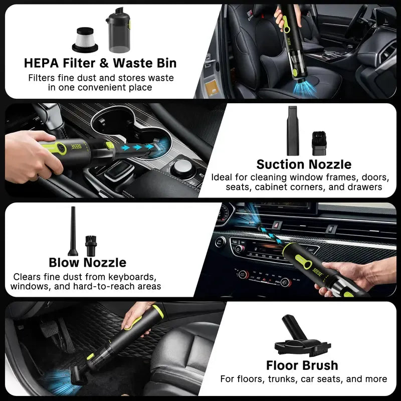 Cordless Portable Car Vacuum, 20000Pa 2-in-1 Handheld Vacuum & Air Duster, 100W Brushless Motor with 6000mAh Battery, Multi Nozzles for Car, Home, Office & Pet Cleaning