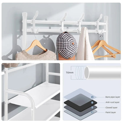 5-Tier Metal Hallway Shoe & Coat Rack, 80cm Widen Freestanding Storage Stand with 8 Hooks, Entryway Organizer Shelf for Shoes, Bags & Garments