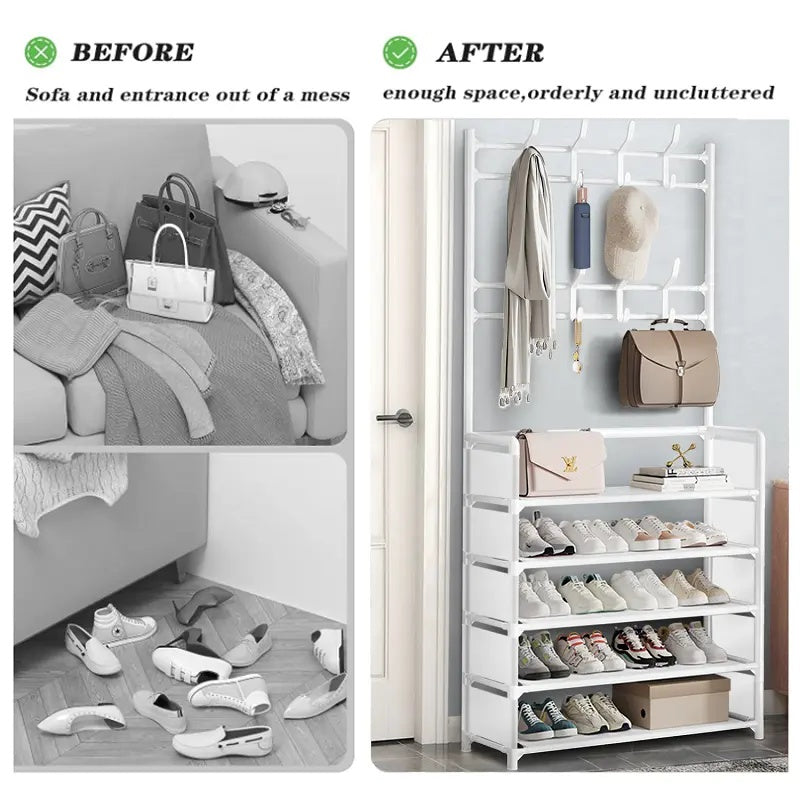 5-Tier Metal Hallway Shoe & Coat Rack, 80cm Widen Freestanding Storage Stand with 8 Hooks, Entryway Organizer Shelf for Shoes, Bags & Garments