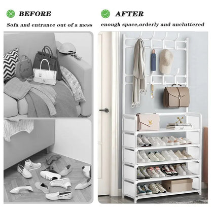 5-Tier Metal Hallway Shoe & Coat Rack, 80cm Widen Freestanding Storage Stand with 8 Hooks, Entryway Organizer Shelf for Shoes, Bags & Garments