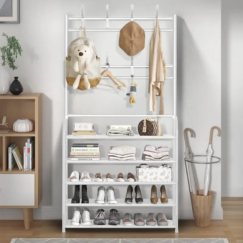 5-Tier Metal Hallway Shoe & Coat Rack, 80cm Widen Freestanding Storage Stand with 8 Hooks, Entryway Organizer Shelf for Shoes, Bags & Garments