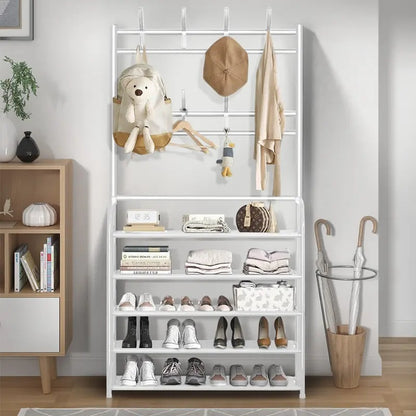5-Tier Metal Hallway Shoe & Coat Rack, 80cm Widen Freestanding Storage Stand with 8 Hooks, Entryway Organizer Shelf for Shoes, Bags & Garments