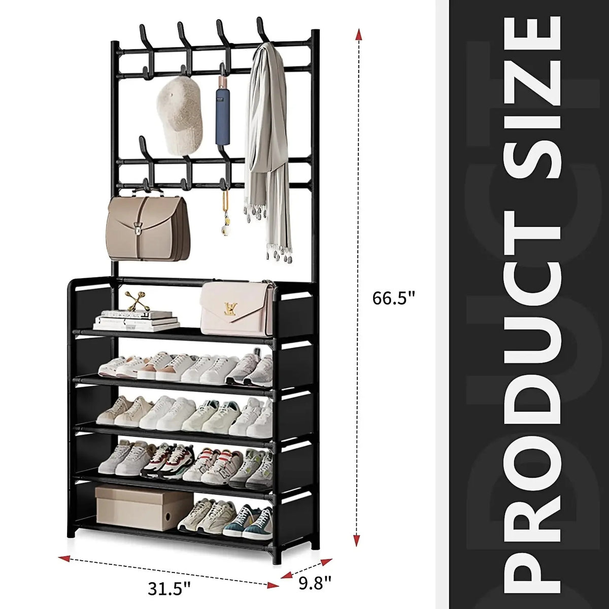 5-Tier Metal Hallway Shoe & Coat Rack, 80cm Widen Freestanding Storage Stand with 8 Hooks, Entryway Organizer Shelf for Shoes, Bags & Garments