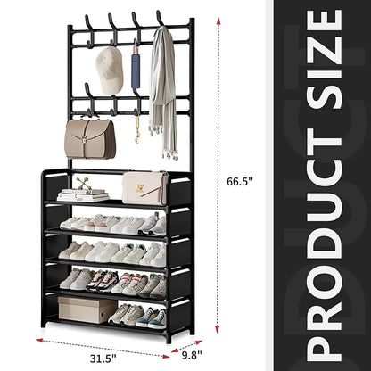 5-Tier Metal Hallway Shoe & Coat Rack, 80cm Widen Freestanding Storage Stand with 8 Hooks, Entryway Organizer Shelf for Shoes, Bags & Garments