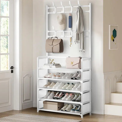 5-Tier Metal Hallway Shoe & Coat Rack, 80cm Widen Freestanding Storage Stand with 8 Hooks, Entryway Organizer Shelf for Shoes, Bags & Garments